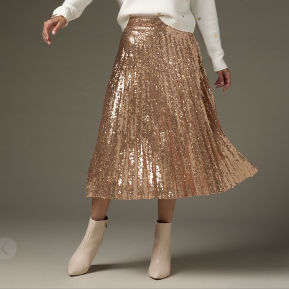 Rose Gold Allover Sequin Pleated Midi Skirt